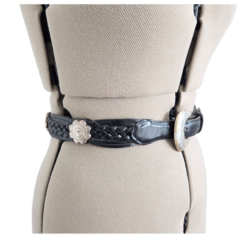 VTG Fossil Women's Small Braided Leather Belt Black Concho 26.15"–30.15" waist